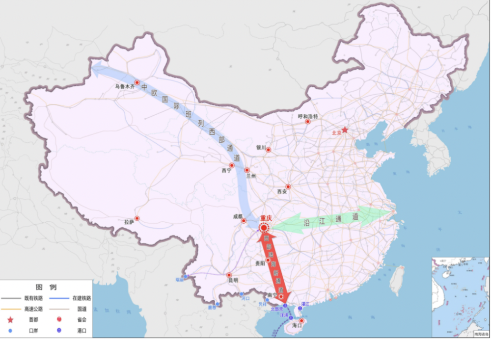 西部陆海新通道地理位置示意图 图片来源：《西部陆海新通道总体规划》