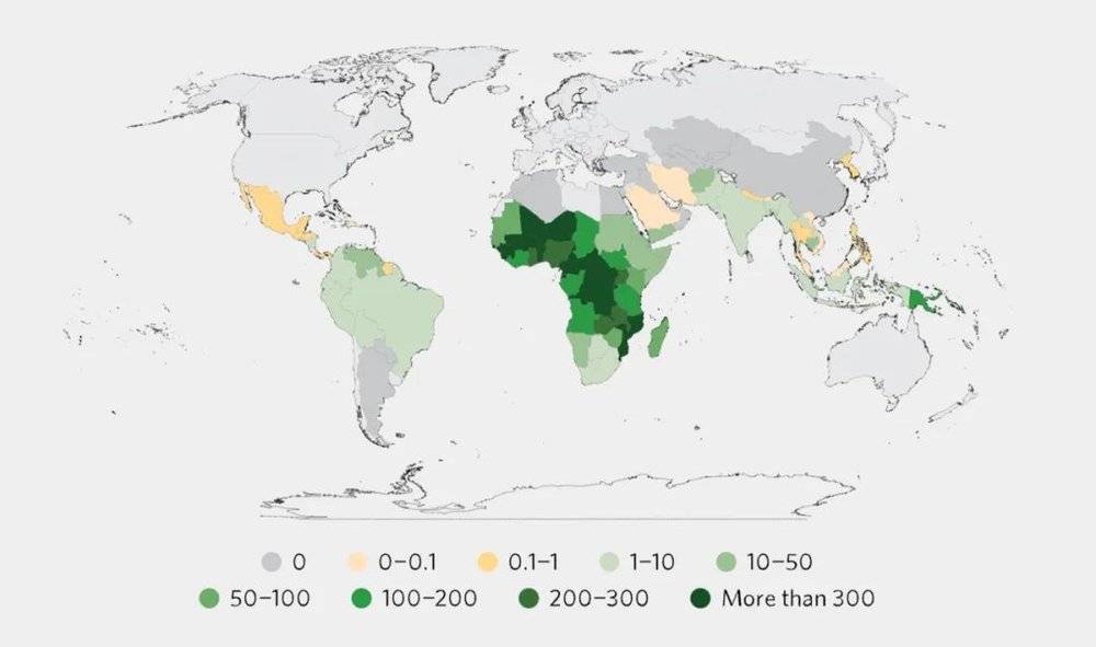 2017年疟疾发病率（处于危险中的每1000人中的新病例数）。| 图片来源：UN<br label=图片备注 class=text-img-note>