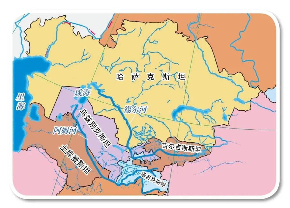 中亚地区水系及阿姆河和锡尔河干流示意图<br label=图片备注 class=text-img-note>