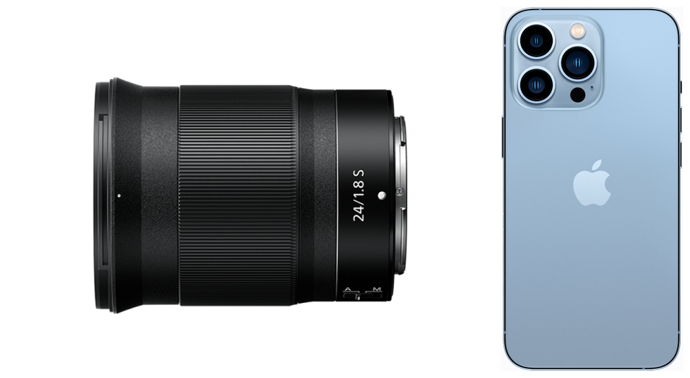 （左：尼康 Z 24mm F/1.8 镜头，约 450g；右：iPhone 13 Pro Max， 约 238g）