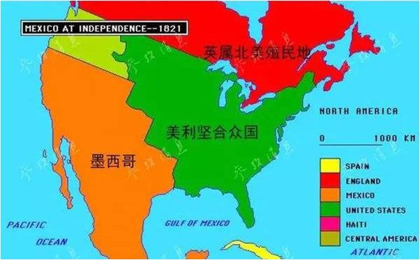 墨西哥1821年建国时的版图。可以看到，即便美国当时拿到了路易斯安那，但墨西哥依旧能和美国在北美洲版图上平分秋色