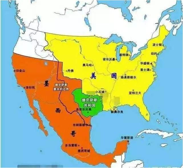 当时德克萨斯共和国的版图和他们要求的边境线