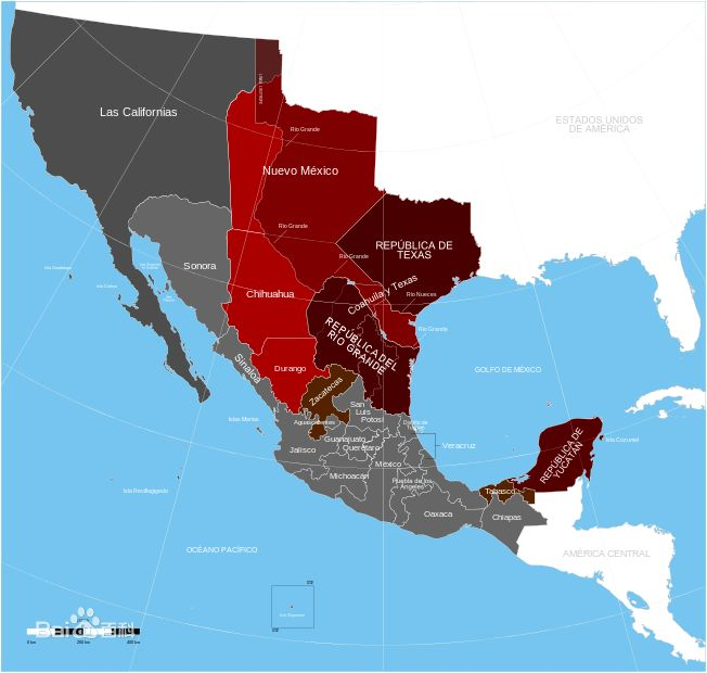 打完仗后墨西哥丢掉的领土（红色部分）