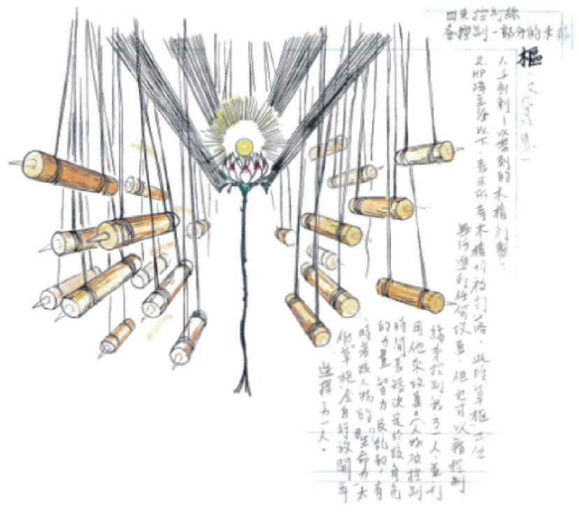 图1《轩辕剑外传：枫之舞》木甲武器“草枢”（攻击形态）原画，“草枢”是丝线和木桩制造的操纵装置