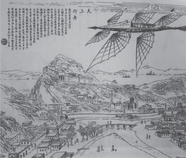 图10“天上行舟”，图为由清末画家吴友如根据文字描述所绘的“飞舟”，原载于《点石斋画报》