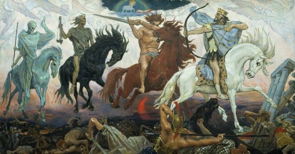 《启示录》预言中世界末日的天启四骑士，虽然是宗教，但也能反映人们对灾难的认识 | 图源：俄国画家维克托·瓦斯涅佐夫