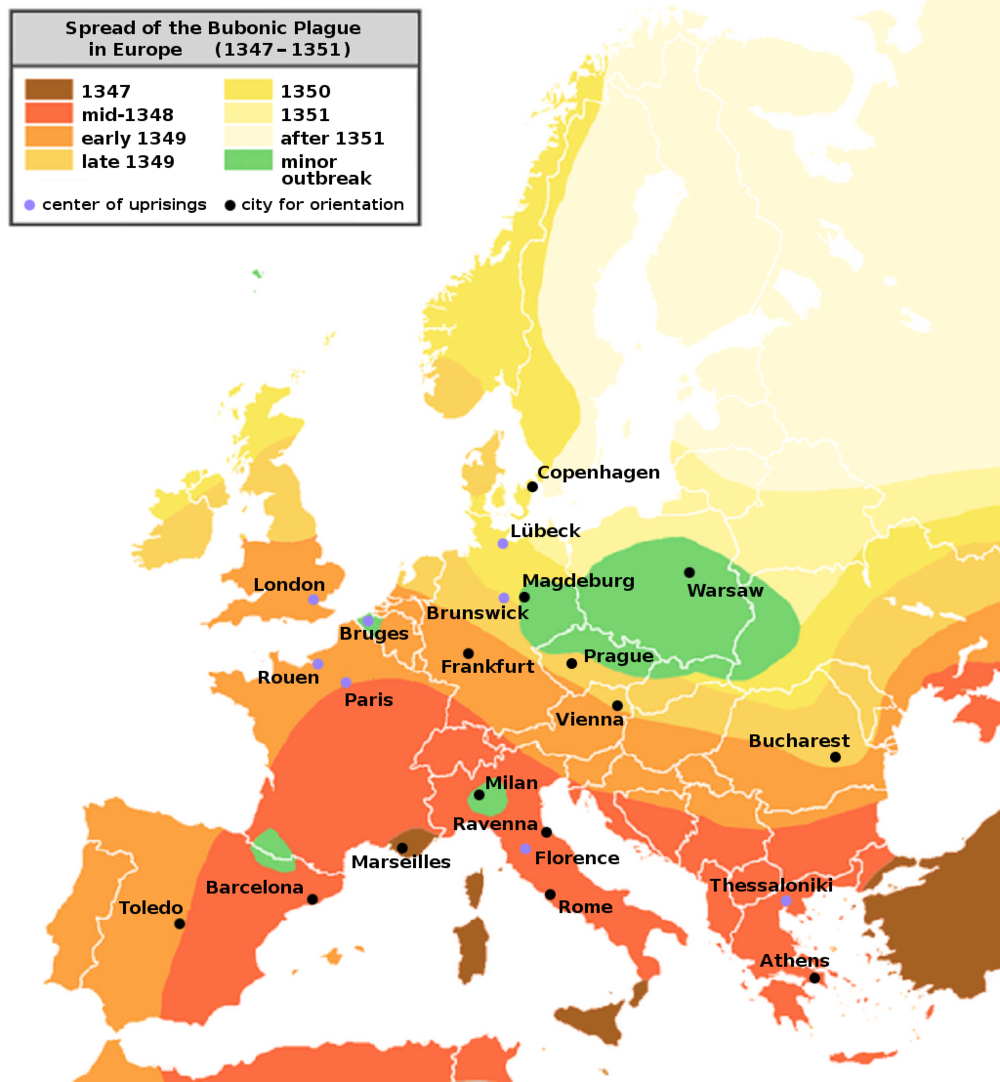 13-14世纪欧洲黑死病的爆发 | 图源：Wikipedia， Roger Zenner