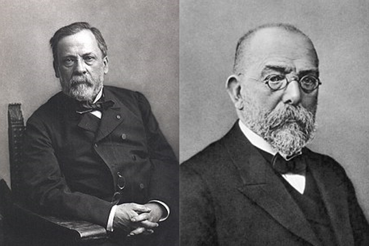 微生物学的奠基人路易斯·巴斯德（左）和罗伯特·科赫（右）| 图源：Wikipedia<br>