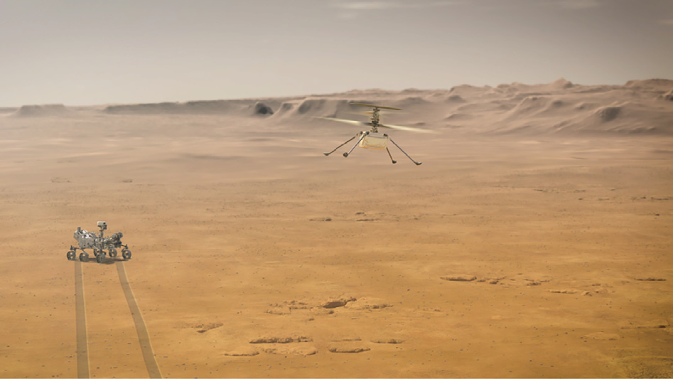 图1. 一名艺术家的印象画。画中NASA“毅力号”在火星表面搜集样本，而“机智号”在“毅力号”上方飞行。直升机在前11次任务中的飞行距离累计超过2000 m，飞行最大海拔高度为12 m。来源：NASA/JPL-Caltech。<br label=图片备注 class=text-img-note>
