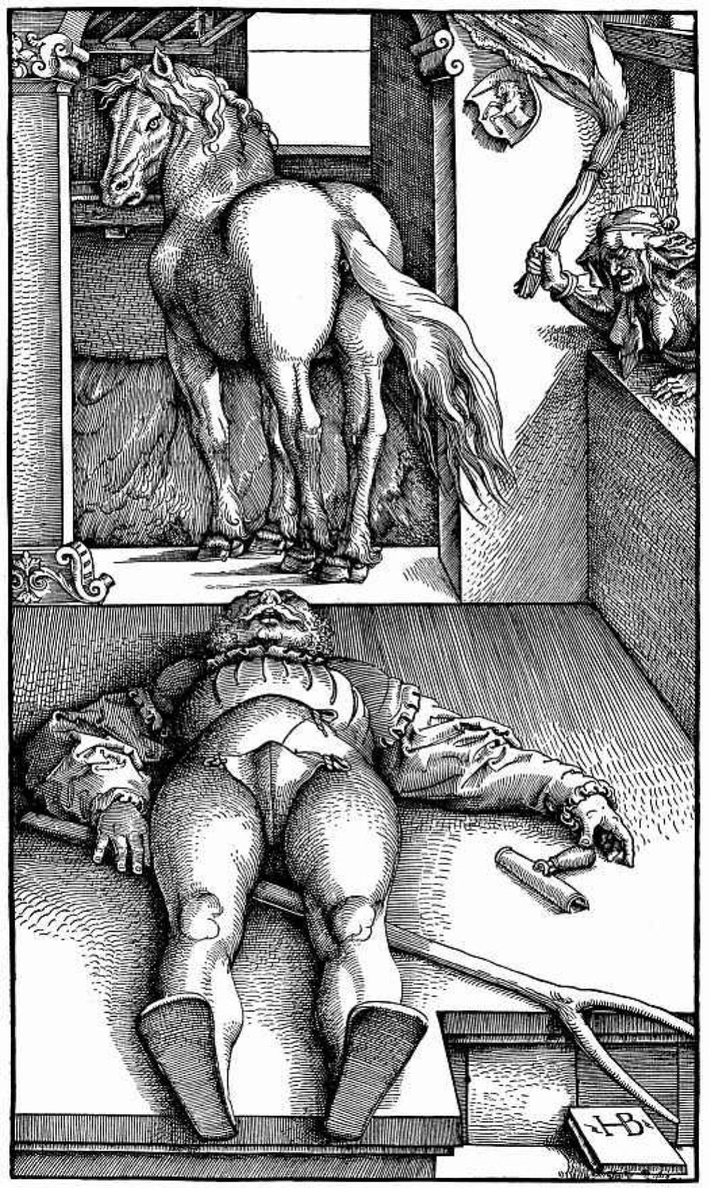早期画作中女巫的形象（右上）：汉斯·巴尔东·格里恩《The Bewitched Groom》（Hans Baldung Grien，1544）