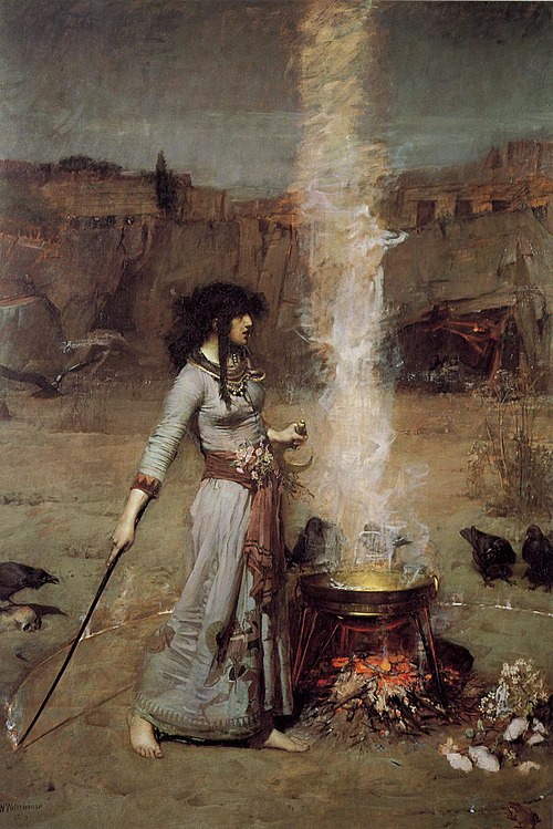 《魔法圈》中的年轻女巫形象（The Magic Circle，William Waterhouse. 1886）