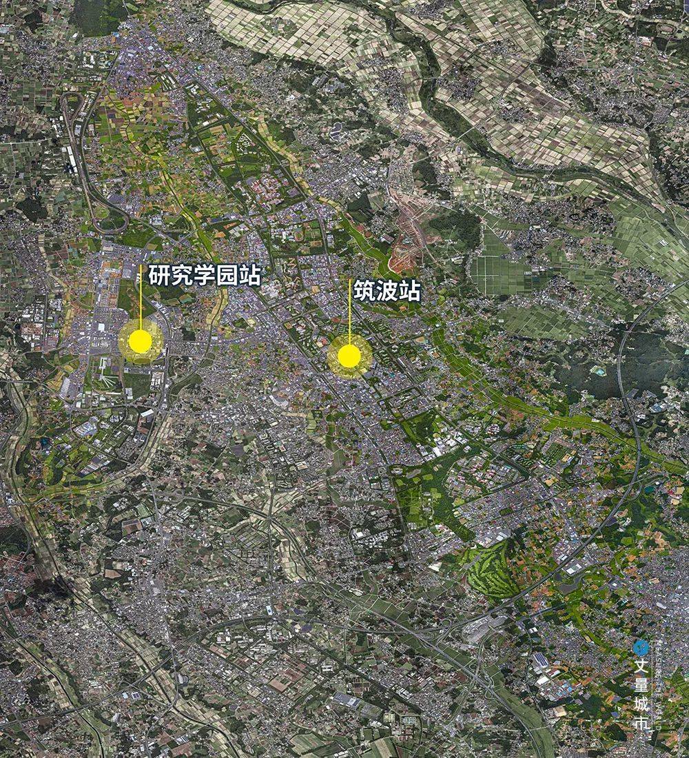 筑波科学城的城市核心区卫星图，以两个站点构成双中心。主要的城区部分南北长18km，东西宽约5km，南北向交通非常不便