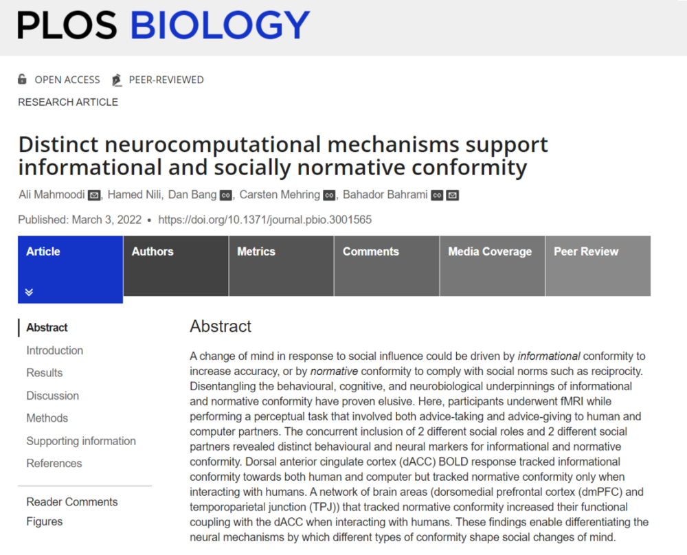 <span class=text-remarks label=备注>论文题目：</span><span class=text-remarks label=备注>Distinct neurocomputational mechanisms support informational and socially normative conformity</span>