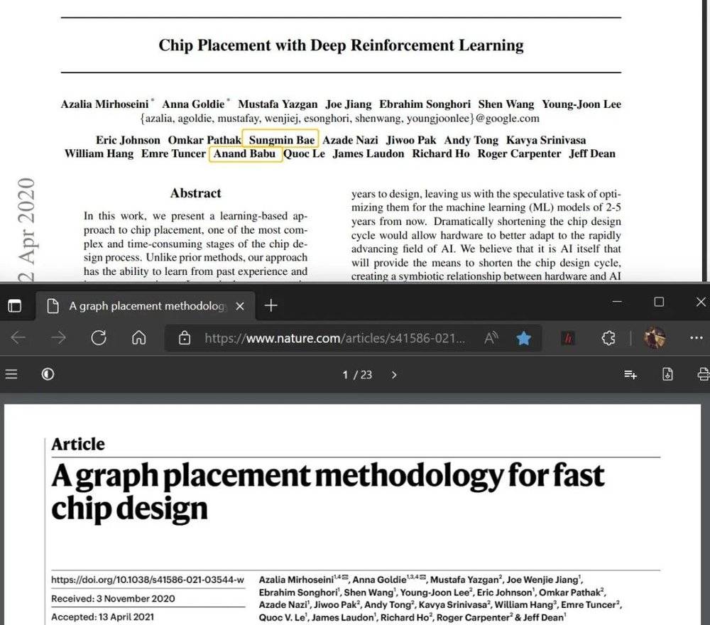 上图：2020年4月的预印本论文版本；下图：2021年6月的《自然》版本（“芯片论文”），后者删除了两位作者的名字    图片来源：arXiv， Nature<br label=图片备注 class=text-img-note>