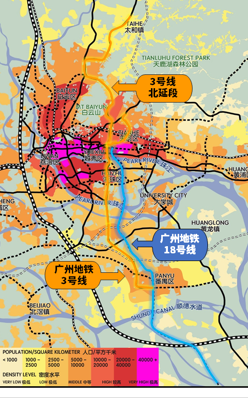 广州市人口密度与轨道交通分布图。/数据来源：知乎 @David Rand