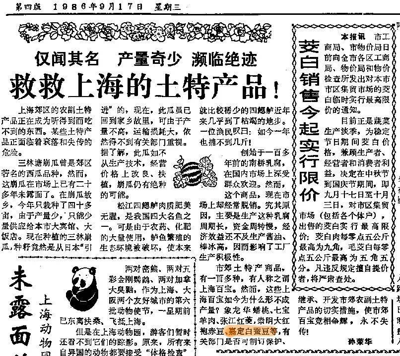 1986年的《新民晚报》上一篇关于“救救上海土特产”的文章提到了嘉定白蚕豆