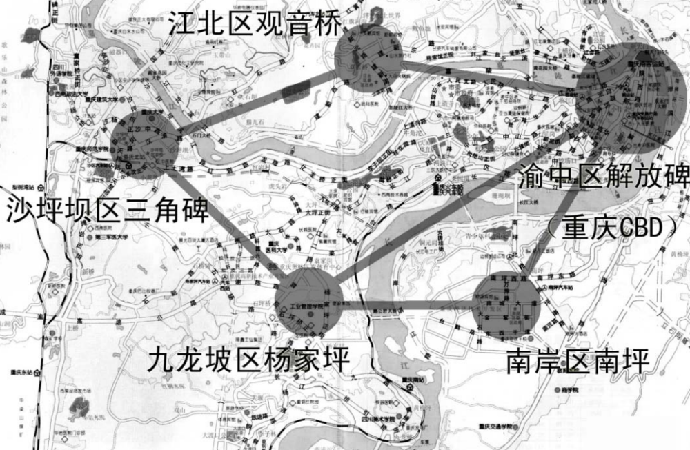 重庆五大商圈 来源：城市商圈用地结构演变及用地效益研究<br>