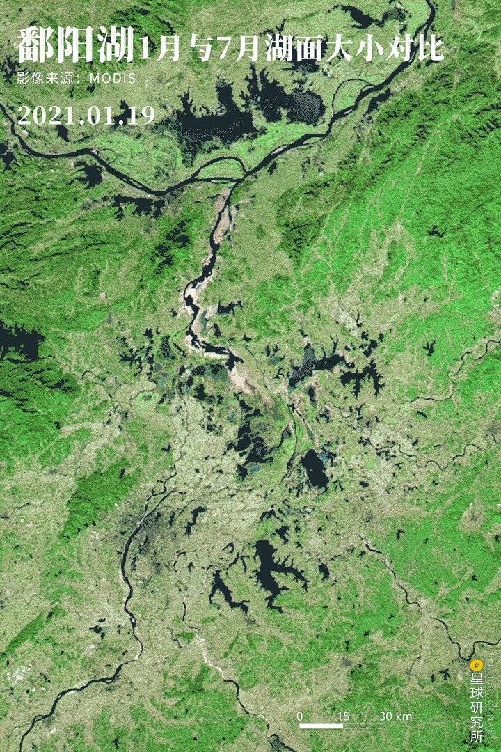 鄱阳湖1月与7月湖面大小对比，“高水是湖，低水似河”；一般鄱阳湖最低水位在1月，最高水位在7或8月