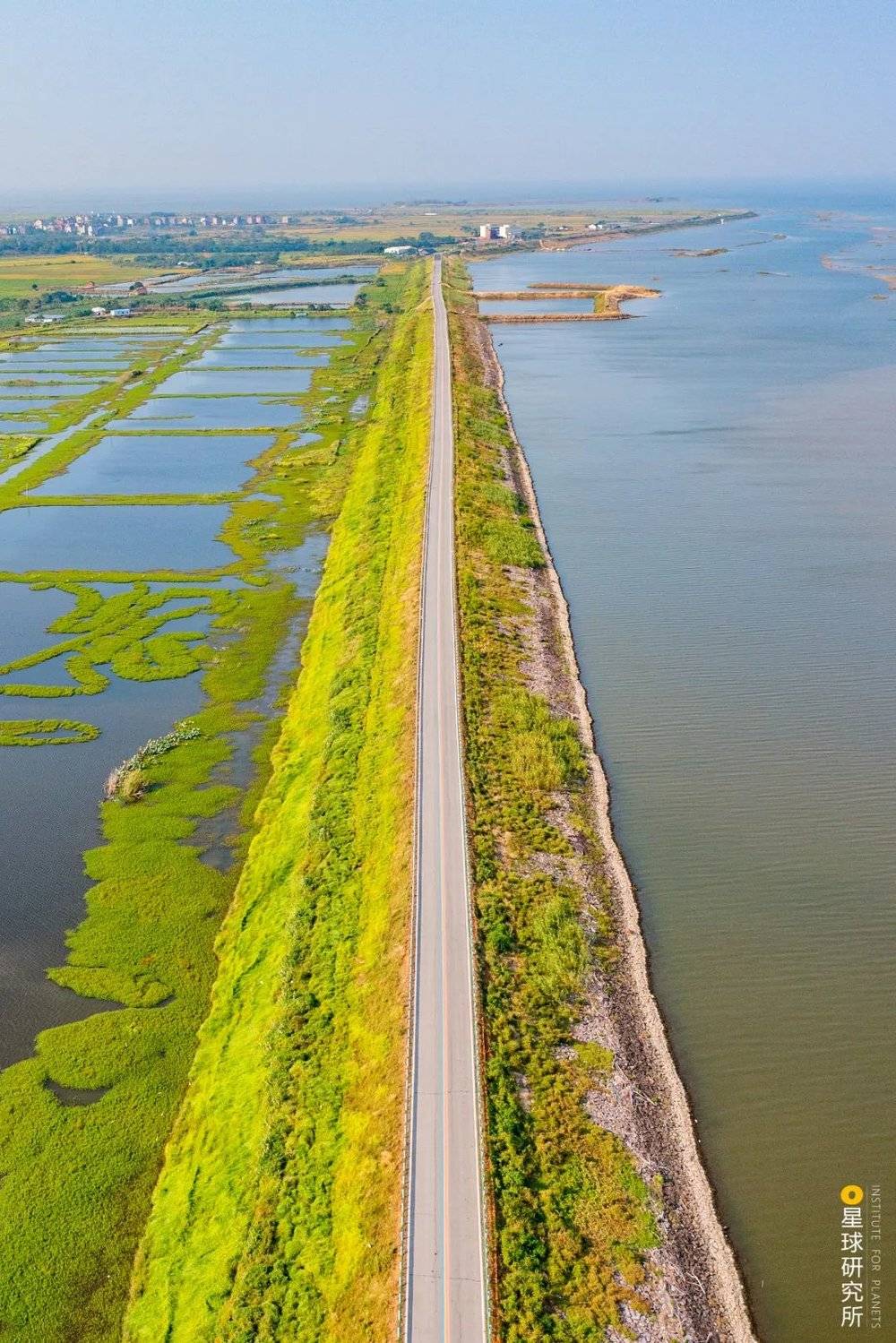 珠湖圩堤，左边是养殖水田，右边是鄱阳湖，摄影师@赵高翔