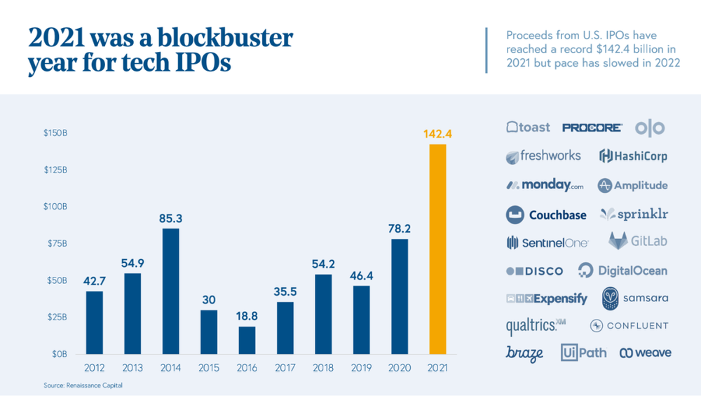 2021 年，美国科技公司 IPO 市值为 1424 亿美元<br label=图片备注 class=text-img-note>