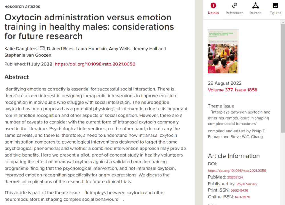 论文题目：Oxytocin administration versus emotion training in healthy males: considerations for future research