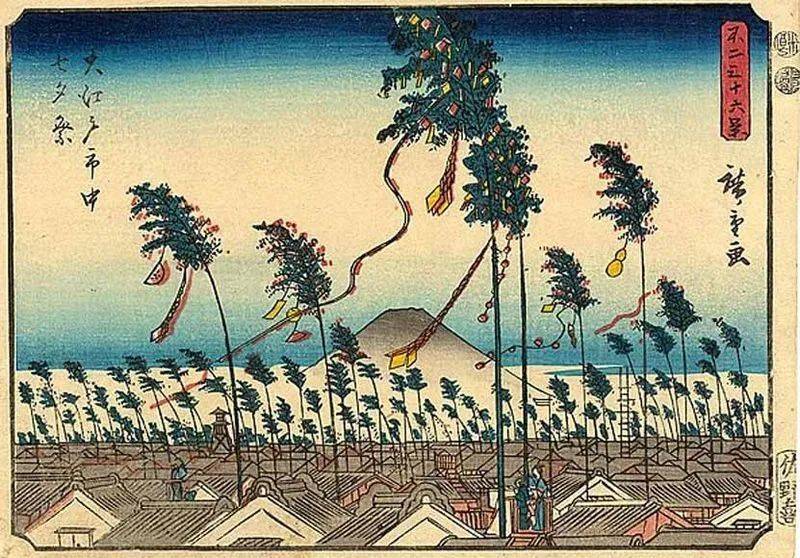 1852年日本木刻作品《大江戸市中七夕祭》，早在8世纪七夕节传统就从中国传到了日本（来源：commons.wikimedia.org）<br>