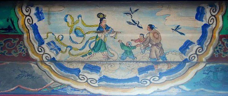 颐和园长廊上的彩绘：牛郎织女鹊桥会，绘画年代约为19世纪末，拍摄于2008年（来源：commons.wikimedia.org）<br>