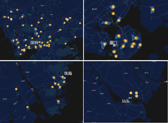 深圳、厦门、珠海、汕头商圈分布  图片来源：城市商业地图<br>
