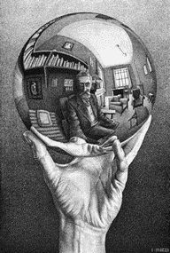 《手执反射球》，石版画，毛里茨·科内利斯·埃舍尔，1935<br>