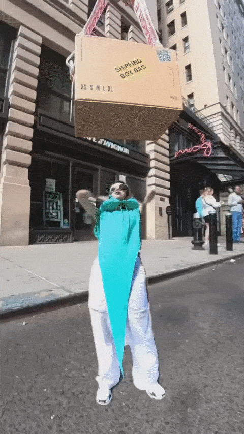 纽约博主 Val 为快递箱包包创作的有趣视频。图片来自：Instagram @valslooks<br>
