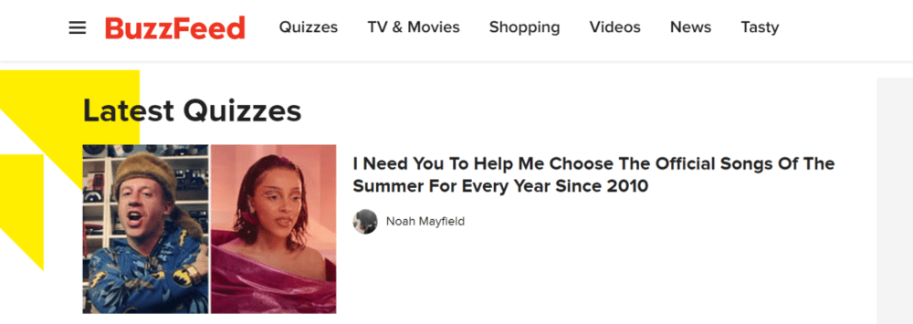 “选出你心目中2010年以来的年度夏日之歌！”，BuzzFeed网站上充斥着各类明星达人、测试问答、美食视频等快餐资讯，辅以亮眼的明黄色版面设计（来源：buzzfeed.com）