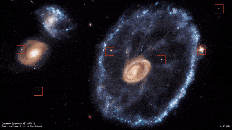 哈勃望远镜与韦伯望远镜拍摄的车轮星系对比 | NASA/ESA/CSA/STScI/Mark McCaughrean<br>