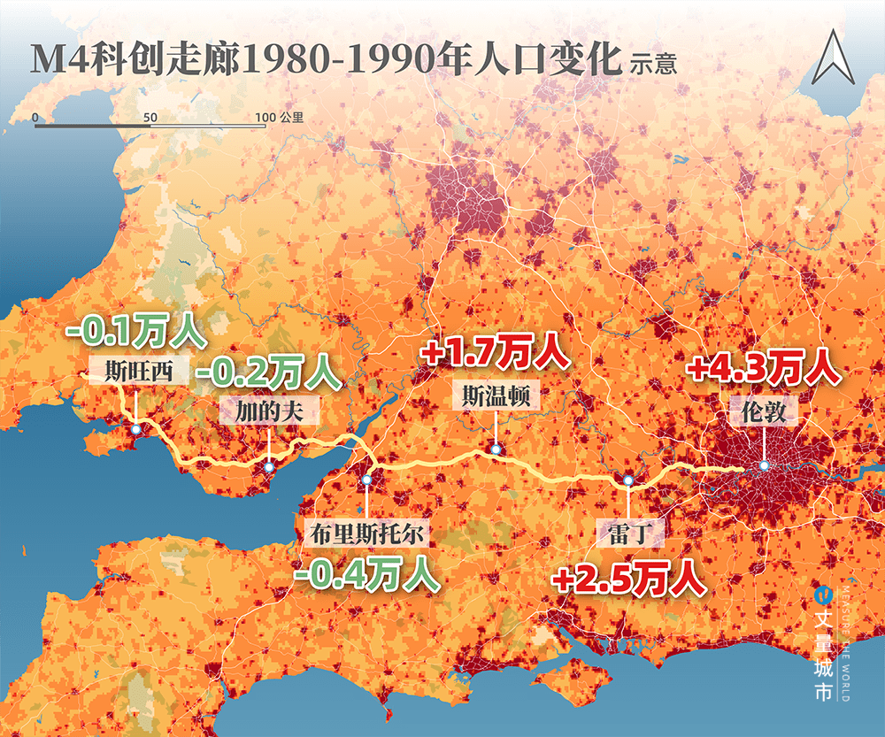 M4科创走廊全线贯通后沿线城市人口变化（1980年～1990年）