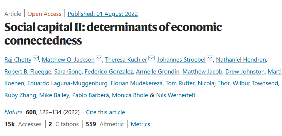 论文题目：Social capital II: determinants of economic connectedness