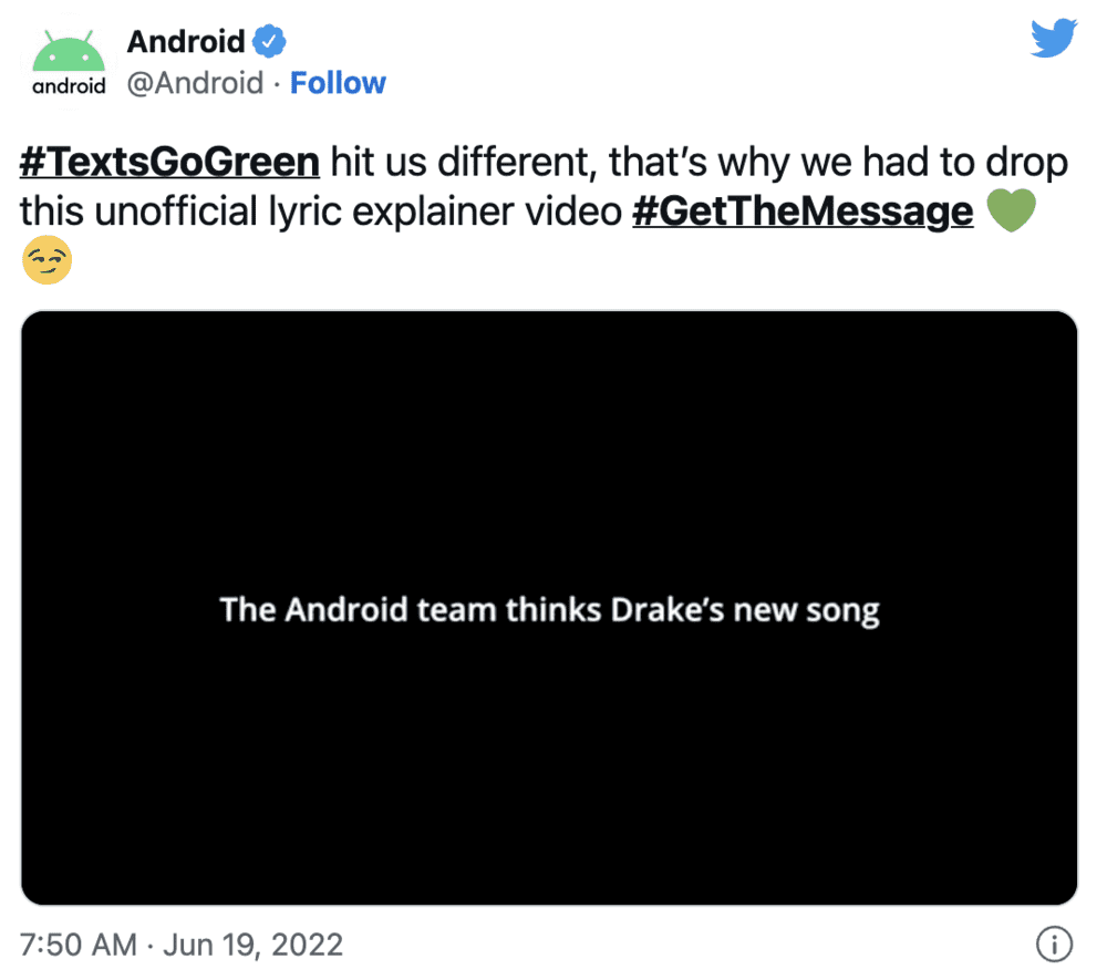 安卓官方账号在社交媒体上“分享”了这首歌丨@Android/Twitter<br>