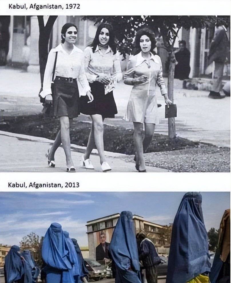1972年和2013年的喀布尔街头妇女的对比图<br>