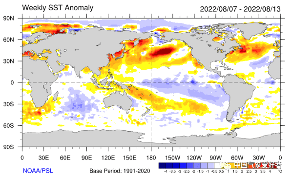 近期全球海温距平分布，来自NOAA/PSL<br>