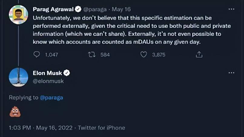 5月，推特CEO阿格拉瓦尔发长推文谈论虚假账户问题，得到了马斯克的便便表情。这也被推特方作为“马斯克多次公开贬低推特”的证据提交。<br label=图片备注 class=text-img-note>