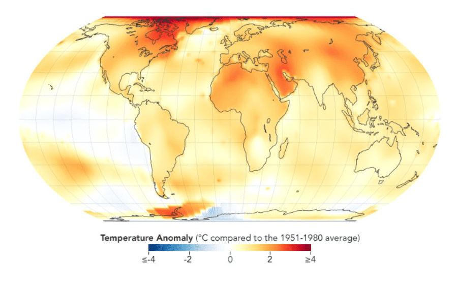 1960年-1964年（上图）和2021年（下图）全球异常气温发生及分布图 / NASA: Earth Observatory<br>