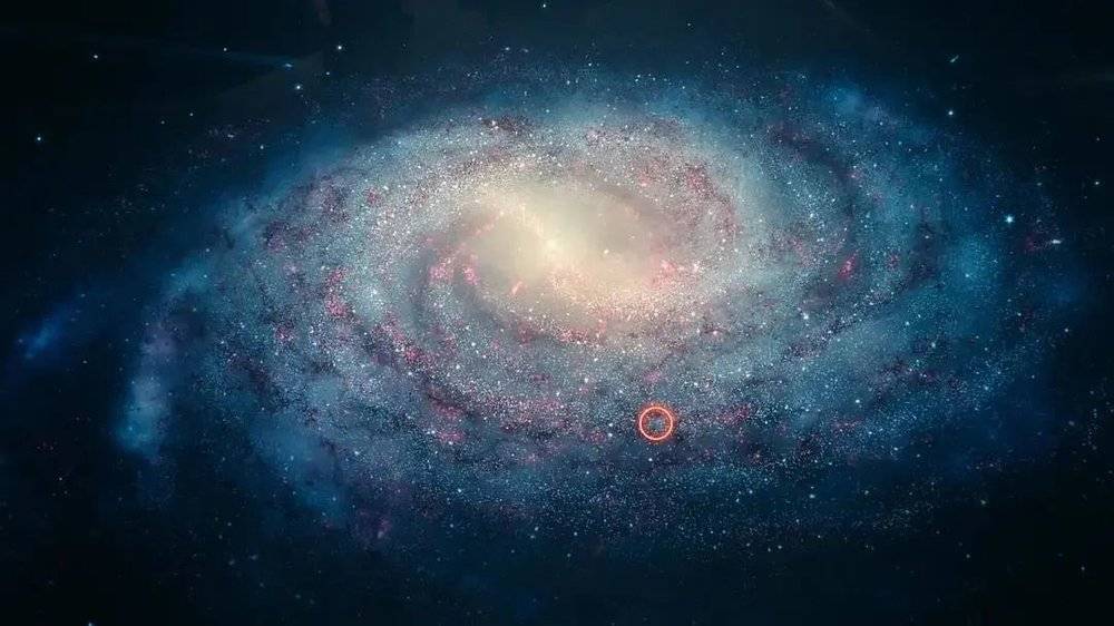 红圈圈里是银河系中太阳的位置。/《宇宙时空之旅》剧照<br>