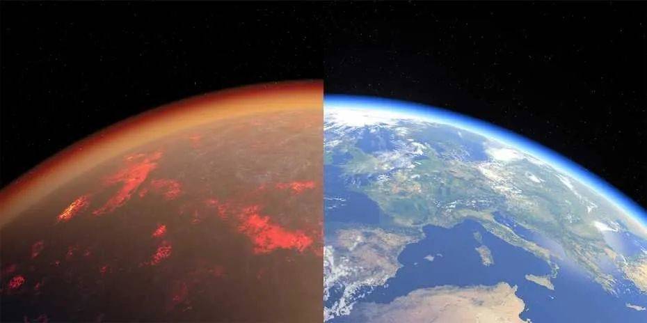 图7 地球形成早期模拟图（左）与地球卫星照片（右）<br>