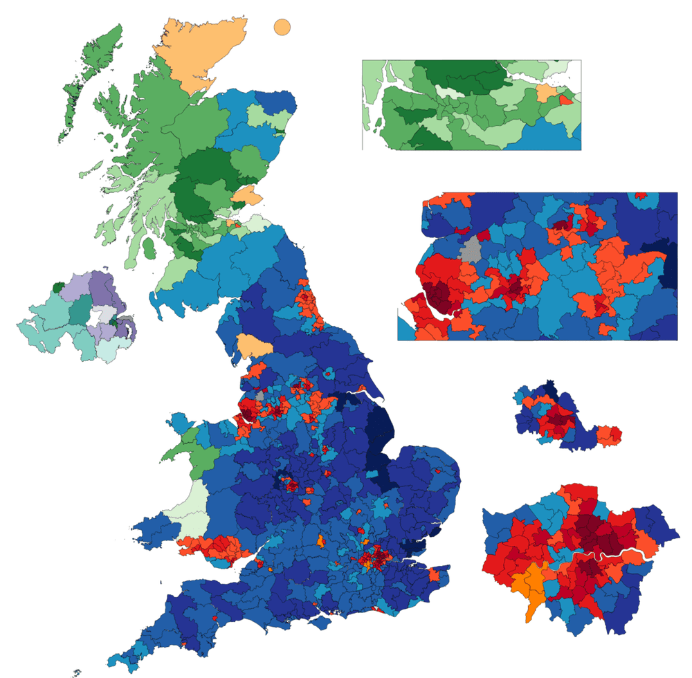 2019年英国大选结果，保守党依靠夺下传统上为工党票仓的“红墙”地区赢得胜利 / Wikipedia 