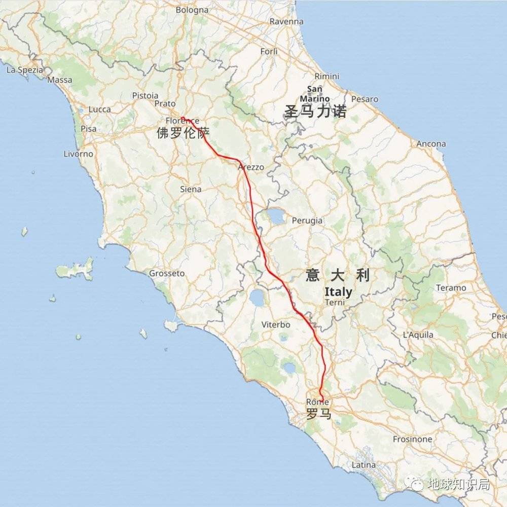 罗马-佛罗伦萨高速铁路的开通，将来往两地的路程时间缩短至1小时20分钟（图：wiki）