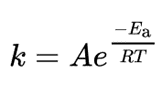 阿伦尼乌斯方程，其中k为反应速率常数，R为摩尔气体常量，T为热力学温度，Ea为表观活化能，A为指前因子（也称频率因子）。<sup>[8]</sup><br>