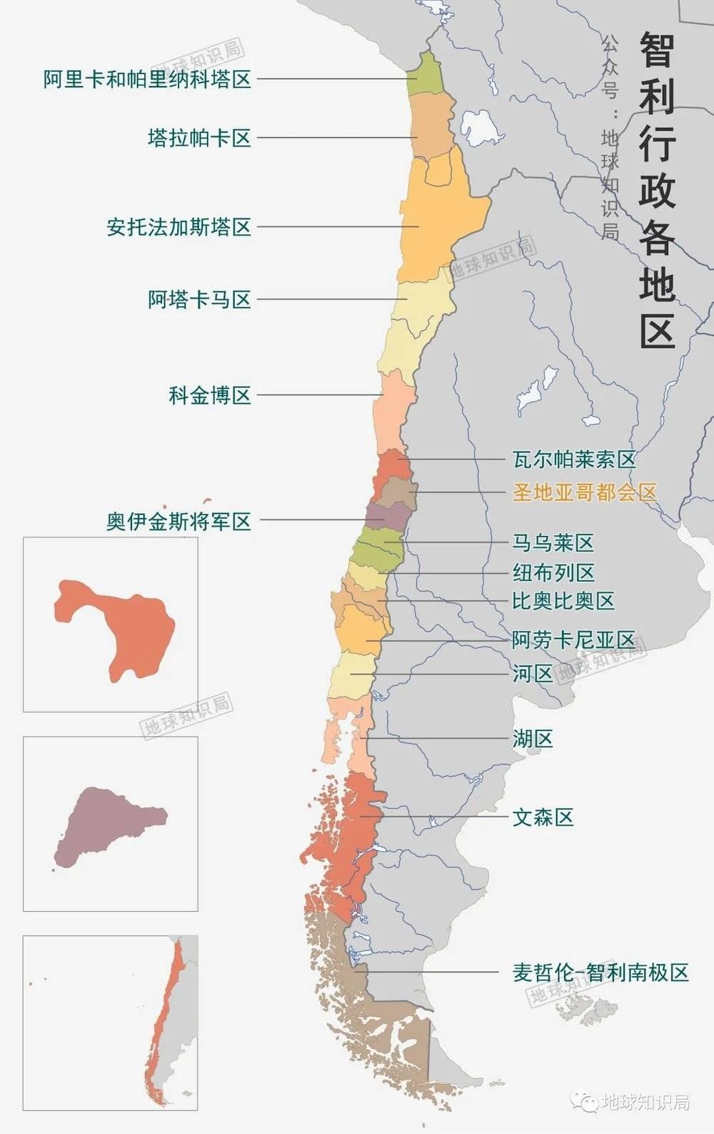 智利行政地图，首都所在为圣迪亚哥都会区