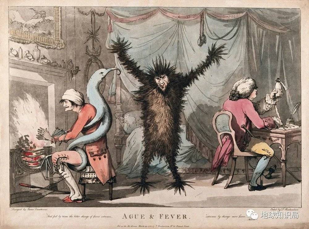 一幅1788年的画作，房间中的黑毛野兽代表发烧，缠在烤火病人身上的蓝色怪兽代表发冷（图：Wellcome Collection）
