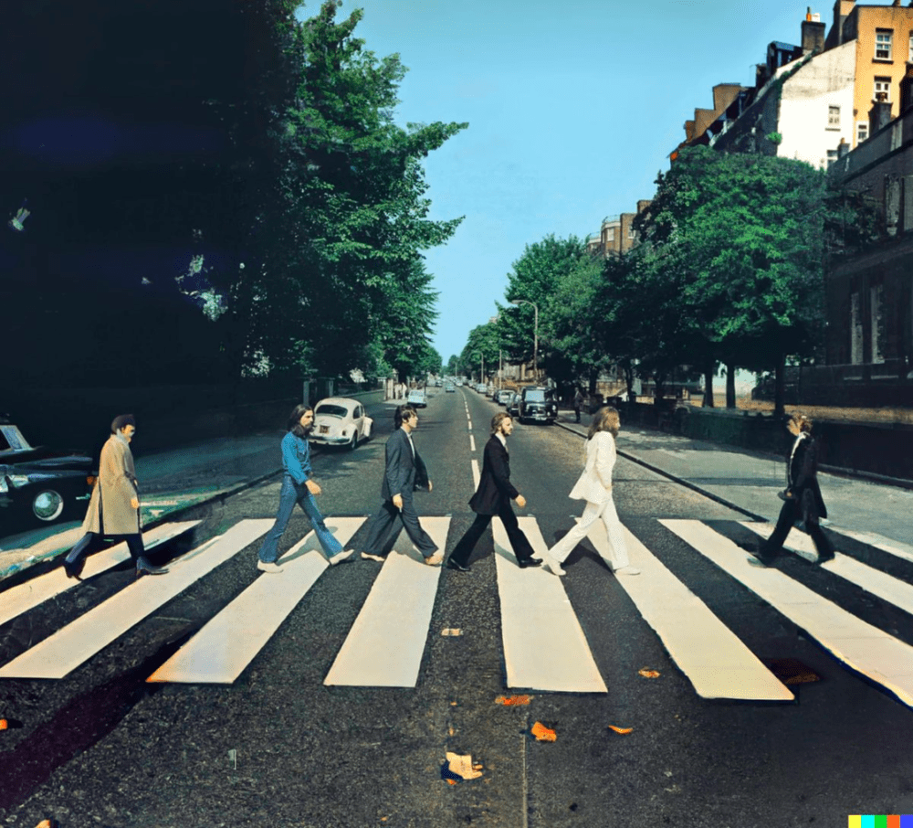 披头士的经典专辑封面“Abbey Road”中，“四人组”变成了“六人组”｜图片来源：Twitter@spetznatz<br>