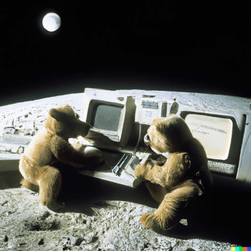 1980年代的泰迪熊在月球上从事AI研究｜图片来源：Twitter@sama<br>