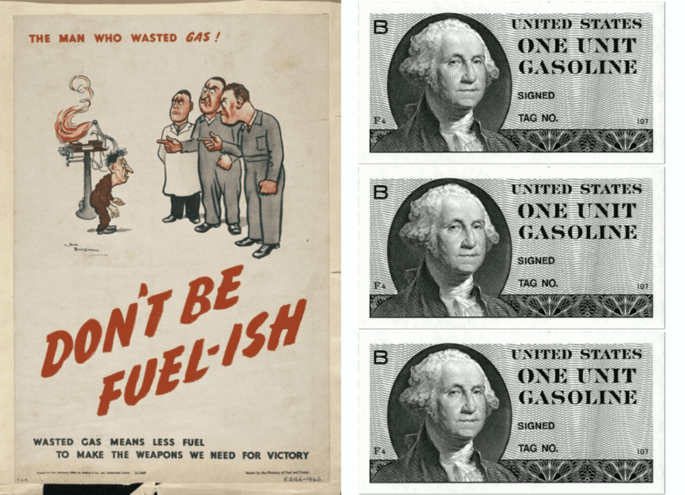 左图：石油危机促使许多美国报纸刊登广告呼吁节约能源；右图：1974 年Bureau of Engraving and Printing印刷的汽油配给邮票，虽未投入使用（来源：V&A，National Postal Museum）<br>