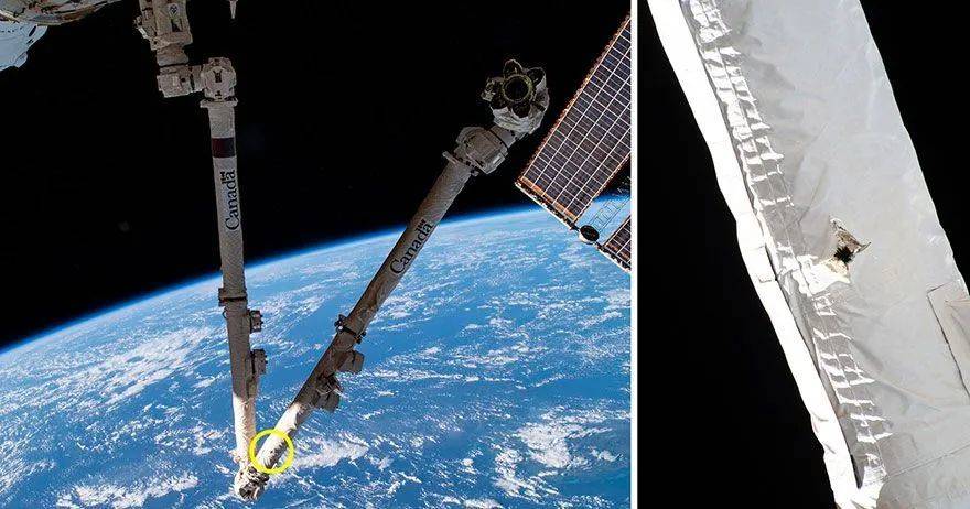 国际空间站被碎片撞出的洞。图片来源：NASA<br label=图片备注 class=text-img-note>